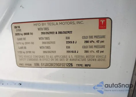 2016 Tesla Model X 60D/70D/75D/90D/P100D z USA, uszkodzony, nr VIN 5YJXCBE29GF021226